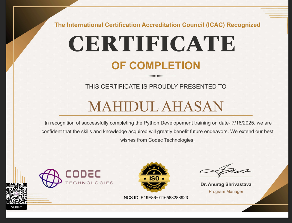 1-Month Python developer Internship Certification